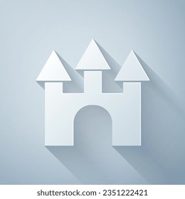Paper cut Castle icon isolated on grey background. Paper art style. Vector