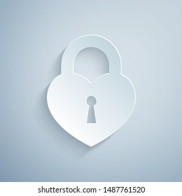 Paper cut Castle in the shape of a heart icon isolated on grey background. Locked Heart. Love symbol and keyhole sign. Paper art style. Vector Illustration