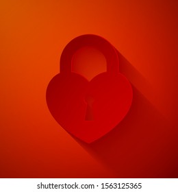 Paper cut Castle in the shape of a heart icon isolated on red background. Locked Heart. Love symbol and keyhole sign. Paper art style. Vector Illustration