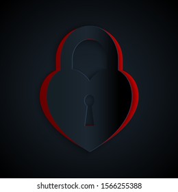 Paper cut Castle in the shape of a heart icon isolated on black background. Locked Heart. Love symbol and keyhole sign. Paper art style. Vector Illustration