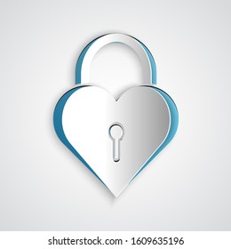 Paper cut Castle in the shape of a heart icon isolated on grey background. Locked Heart. Love symbol and keyhole sign. Paper art style. Vector Illustration