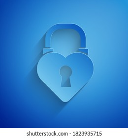 Paper cut Castle in the shape of a heart icon isolated on blue background. Love symbol and keyhole sign. 8 March. Happy Women Day. Paper art style. Vector Illustration