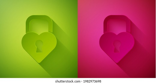 Paper cut Castle in the shape of a heart icon isolated on green and pink background. Locked Heart. Love symbol and keyhole sign. Paper art style. Vector