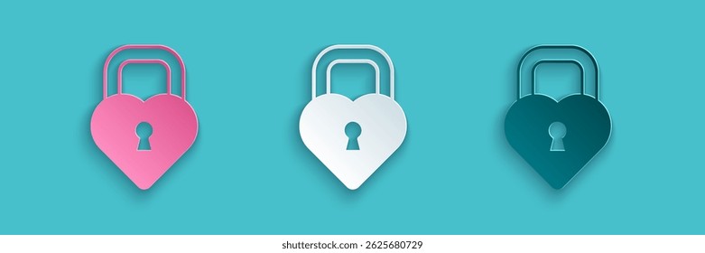 Paper cut Castle in the shape of a heart icon isolated on blue background. Locked Heart. Love symbol and keyhole sign. Paper art style. Vector
