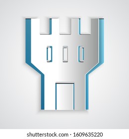 Paper cut Castle tower icon isolated on grey background. Fortress sign. Paper art style. Vector Illustration