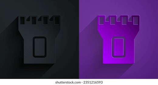 Paper cut Castle tower icon isolated on black on purple background. Fortress sign. Paper art style. Vector