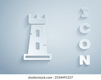 Paper cut Castle tower icon isolated on grey background. Fortress sign. Paper art style. Vector