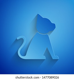 Paper cut Cat icon isolated on blue background. Paper art style. Vector Illustration