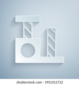 Paper cut Cat scratching post with toy icon isolated on grey background. Paper art style. Vector