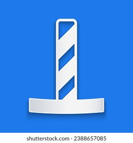 Paper cut Cat scratching post with toy icon isolated on blue background. Paper art style. Vector