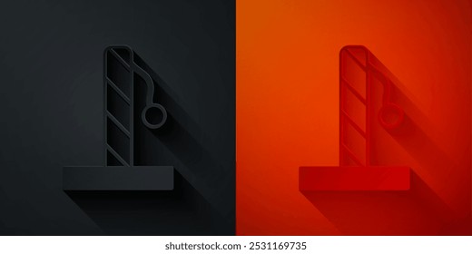 Paper cut Cat scratching post with toy icon isolated on black and red background. Paper art style. Vector
