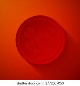 Paper cut Caviar on a plate icon isolated on red background. Paper art style. Vector.