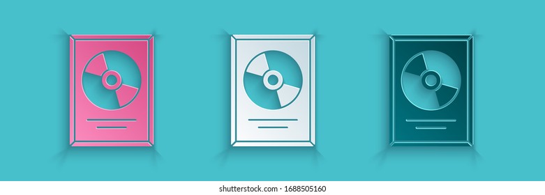 Paper cut CD disk award in frame icon isolated on blue background. Modern ceremony. Best seller. Musical trophy. Paper art style. Vector Illustration