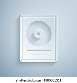 Paper cut CD disk award in frame icon isolated on grey background. Modern ceremony. Best seller. Musical trophy. Paper art style. Vector.