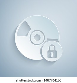 Paper cut CD or DVD disk with closed padlock icon isolated on grey background. Compact disc sign. Security, safety, protection concept. Paper art style. Vector Illustration