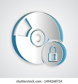 Paper cut CD or DVD disk with closed padlock icon isolated on grey background. Compact disc sign. Security, safety, protection concept. Paper art style. Vector Illustration