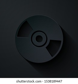 Paper cut CD or DVD disk icon isolated on black background. Compact disc sign. Paper art style. Vector Illustration