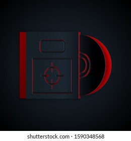 Paper cut CD or DVD disk in box icon isolated on black background. Compact disc sign. Paper art style. Vector Illustration