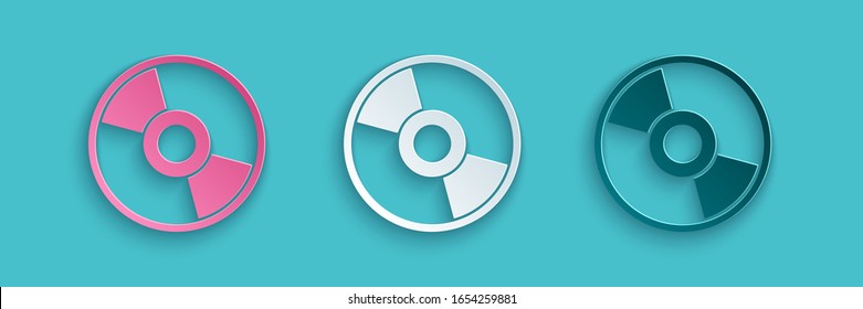 Paper cut CD or DVD disk icon isolated on blue background. Compact disc sign. Paper art style. Vector Illustration