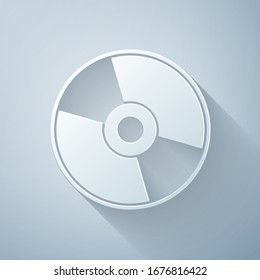 Paper cut CD or DVD disk icon isolated on grey background. Compact disc sign. Paper art style. Vector Illustration
