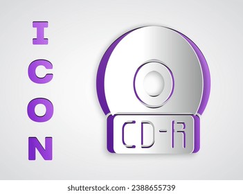 Paper cut CD or DVD disk icon isolated on grey background. Compact disc sign. Paper art style. Vector Illustration
