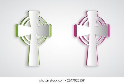Paper cut Celtic cross icon isolated on grey background. Happy Saint Patricks day. National Irish holiday. Paper art style. Vector