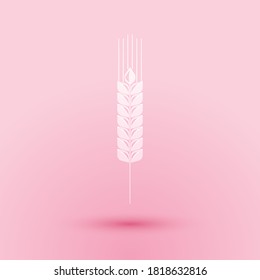 Paper cut Cereals icon set with rice, wheat, corn, oats, rye, barley icon isolated on pink background. Ears of wheat bread symbols. Agriculture wheat. Paper art style. Vector.