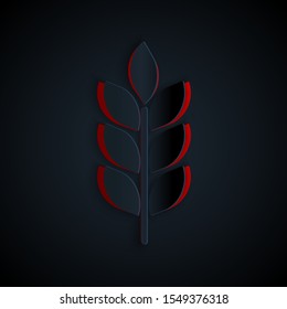 Paper cut Cereals set with rice, wheat, corn, oats, rye, barley icon isolated on black background. Ears of wheat bread symbols. Agriculture wheat. Paper art style. Vector Illustration