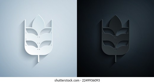 Corte de papel Cereales con arroz, trigo, maíz, avena, centeno, icono de cebada aislado en fondo gris y negro. Orejas de símbolos de pan de trigo. Estilo de arte de papel. Vector