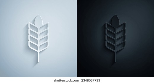 Paper cut Cereals set with rice, wheat, corn, oats, rye, barley icon isolated on grey and black background. Ears of wheat bread symbols. Paper art style. Vector