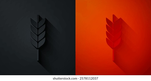 Paper cut Cereals set with rice, wheat, corn, oats, rye, barley icon isolated on black and red background. Ears of wheat bread symbols. Paper art style. Vector