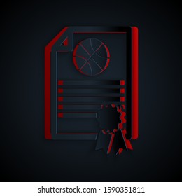 Paper cut Certificate template basketball award icon isolated on black background. Achievement, award, degree, grant, diploma concepts. Paper art style. Vector Illustration