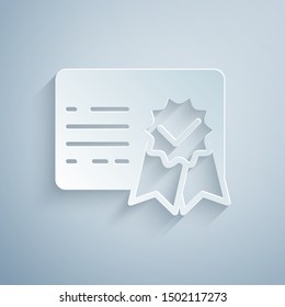 Paper cut Certificate template icon isolated on grey background. Achievement, award, degree, grant, diploma. Business success certificate. Paper art style. Vector Illustration