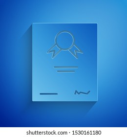 Paper cut Certificate template icon isolated on blue background. Achievement, award, degree, grant, diploma. Business success certificate. Paper art style. Vector Illustration