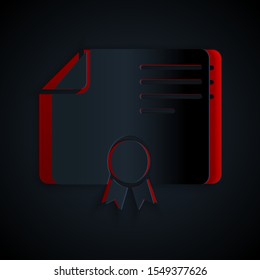 Paper cut Certificate template icon isolated on black background. Achievement, award, degree, grant, diploma. Business success certificate. Paper art style. Vector Illustration