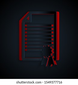 Paper cut Certificate template icon isolated on black background. Achievement, award, degree, grant, diploma. Business success certificate. Paper art style. Vector Illustration