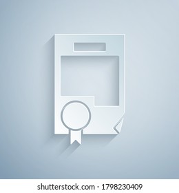 Paper cut Certificate template icon isolated on grey background. Achievement, award, degree, grant, diploma. Business success certificate. Paper art style. Vector Illustration