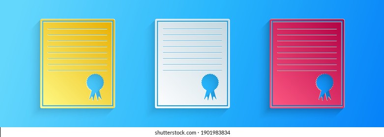 Icono de plantilla de certificado de corte de papel aislado en fondo azul. Logro, premio, título, subvención, diploma. Certificado de éxito comercial. Estilo de arte de papel. Vector.