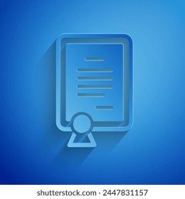 Paper cut Certificate template icon isolated on blue background. Achievement, award, degree, grant, diploma concepts. Paper art style. Vector