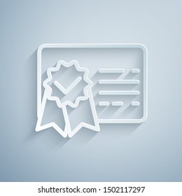 Paper cut Certificate template line icon isolated on grey background. Achievement, award, degree, grant, diploma. Business success certificate. Paper art style. Vector Illustration