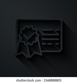 Paper cut Certificate template line icon isolated on black background. Achievement, award, degree, grant, diploma. Business success certificate. Paper art style. Vector Illustration