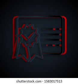 Paper cut Certificate template line icon isolated on black background. Achievement, award, degree, grant, diploma. Business success certificate. Paper art style. Vector Illustration