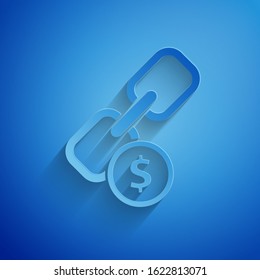 Paper cut Chain link and coin icon isolated on blue background. Link single. Hyperlink chain symbol. Paper art style. Vector Illustration