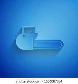 Paper cut Chainsaw icon isolated on blue background. Paper art style. Vector Illustration