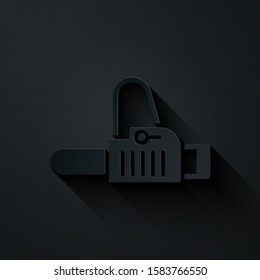 Paper cut Chainsaw icon isolated on black background. Paper art style. Vector Illustration