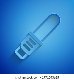 Paper cut Chainsaw icon isolated on blue background. Paper art style. Vector