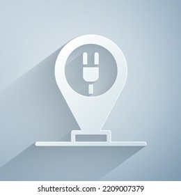 Paper cut Charging parking electric car icon isolated on grey background. Paper art style. Vector