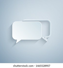 Paper cut Chat icon isolated on grey background. Speech bubbles symbol. Paper art style. Vector Illustration