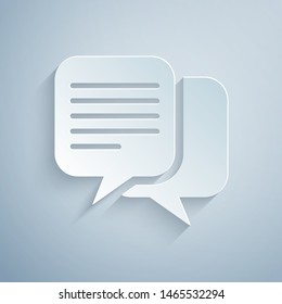 Paper cut Chat icon isolated on grey background. Speech bubbles symbol. Paper art style. Vector Illustration
