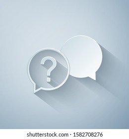 Paper cut Chat question icon isolated on grey background. Help speech bubble symbol. FAQ sign. Question mark sign. Paper art style. Vector Illustration